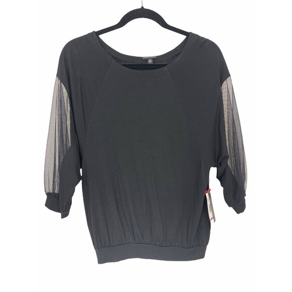 Size XS X-SMALL NEW$79.00 NINE WEST BLACK BLOUSON TOP SHEER 3/4 BALLOON SLEEVES - Picture 2 of 5